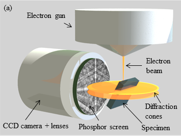 Figure 1: Illustration of the EBSD detection geometry and a conventional EBSD detector.